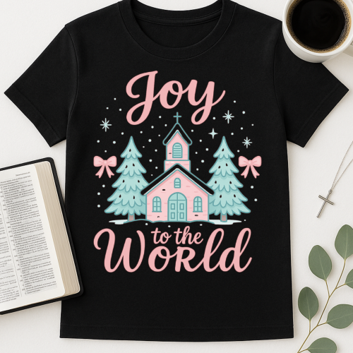 Joy to the World Christmas and Pink Bows T-Shirt