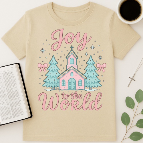 Joy to the World Christmas and Pink Bows T-Shirt