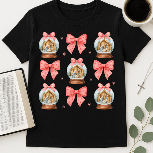 Snow Globe & Pink Bow Pattern T-Shirt